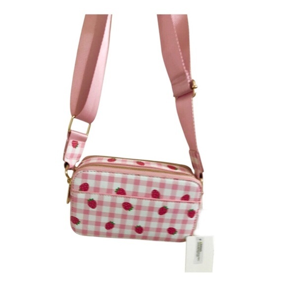 Pink plaid checkered strawberry print gold tone hardware crossbody canvas bag - Picture 2 of 13